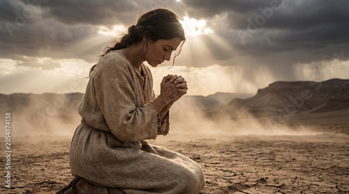 Biblical Woman Kneeling in Prayer on Parched Ground, Divine Light Breaking Through Stormy Clouds in a Desert Landscape, Spiritual Concept of Faith and Hope in the Holy Land