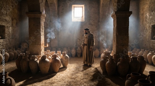 Biblical Man in an Ancient Stone Storehouse Filled with Clay Jars, Spiritual Scene of Storage and Provision with Dramatic Sunlight Rays in Jerusalem Interior