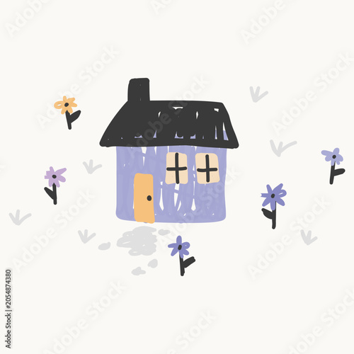 Quadro em tela Cute gothic cottage illustration surrounded by small wild flowers on a solid background