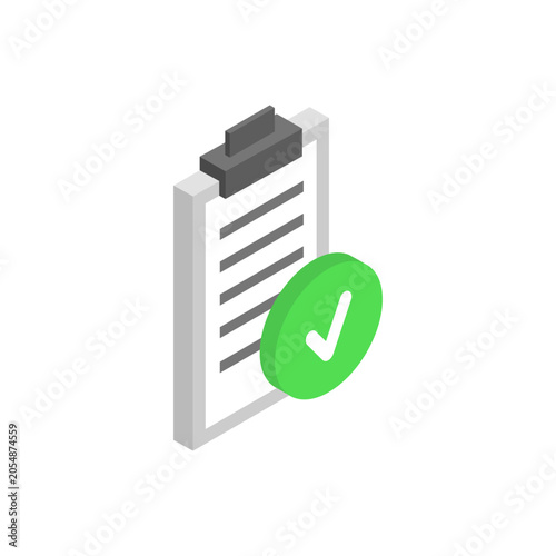 Clipboard document and check mark, isometric icon.