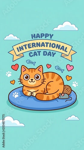 Happy international cat day cheerful banner with orange tabby pet illustration