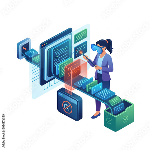 Isometric AI Security Analyst Inspecting LLM Prompt Injections on Data Conveyor Belt