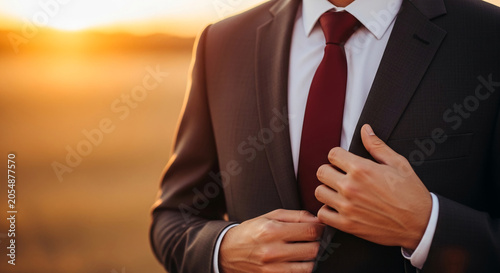 Close-up of a man in a dark suit and maroon tie, adjusting his jacket against a warm sunset glow, symbolizing professionalism and accomplishment