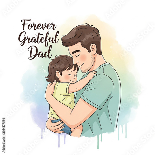 Forever Grateful Dad quote with father hugging child, watercolor illustration of loving parent and daughter, sentimental family portrait for Father's Day