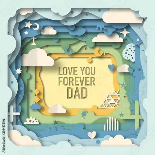 Paper cut Father's Day greeting card with Love You Forever Dad text, 3D layered papercraft sky with clouds and stars, pastel blue and green art