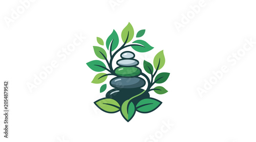 Photography A stack of balanced zen stones surrounded by vibrant green leaves