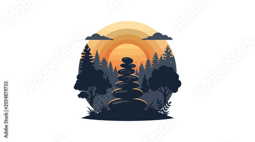 Canvas Print A balanced stack of smooth zen stones set against a silhouetted forest landscape