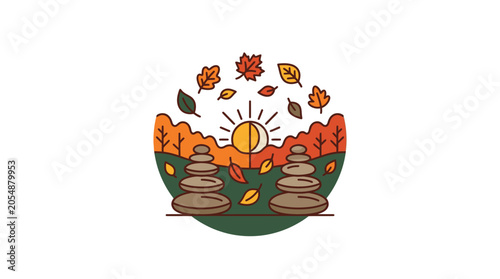 Photography A stylized illustration of stacked zen stones surrounded by autumn leaves and a sunset