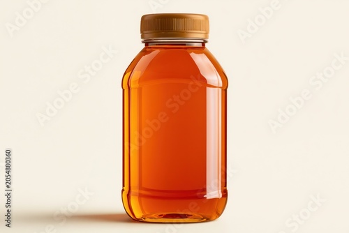 Transparent glass jar filled with amber liquid and golden metal lid on light background