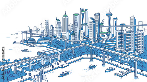 Sustainable smart city landscape with futuristic transport systems