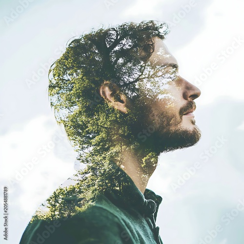 Double exposure portrait of a man with trees and sky overlay.
