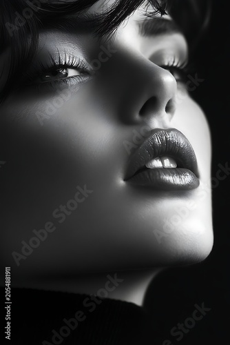 Dramatic Black and White Close-Up Portrait of a Womans Face.
