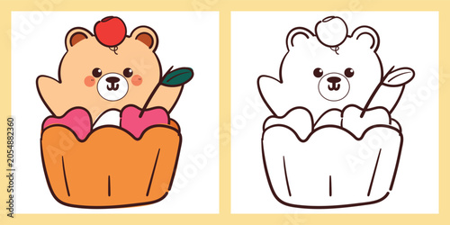 cute hand drawn cartoon bear with cupcake and fruit for coloring page
