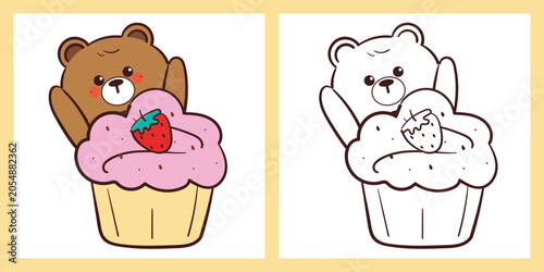 cute hand drawn cartoon bear with cupcake and fruit for coloring page