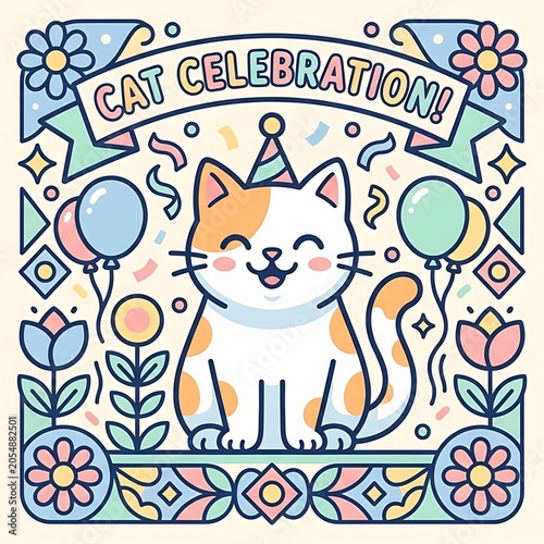 Joyful cat celebration illustration with balloons and falling confetti background