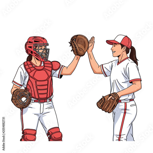 Foto Female Catcher Celebrating with Pitcher Flat Vector Illustration
