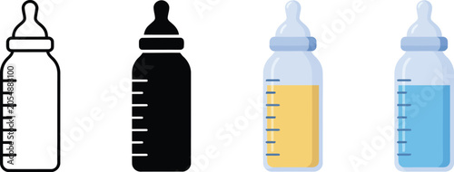 Картината върху платно Baby Bottle Icons - Outline, Solid, and Filled with Milk or Water