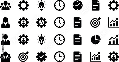 Φωτογραφία A collection of black business icons on a white background, including gears, people, clocks, and graphs