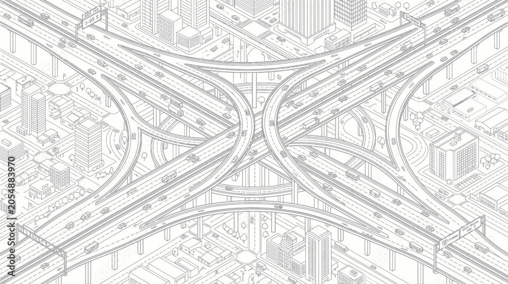 Fototapeta premium Complex isometric highway interchange with busy city traffic