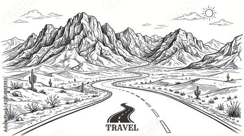 Foto Winding desert road leading toward jagged mountains under a hot sun