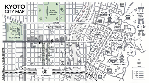Schilderij op canvas Hand drawn kyoto city map showing major shrines and historical sites