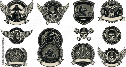 Fotografía Biker motorcycle club emblem vector set with vintage chopper rider wings skulls
