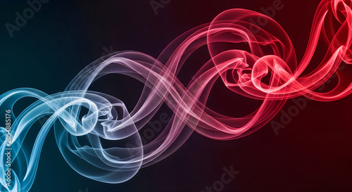 Abstract background with flowing blue and red smoke trails, dynamic wavy lines representing energy, movement, and contrast between hot and cold elements on a dark background