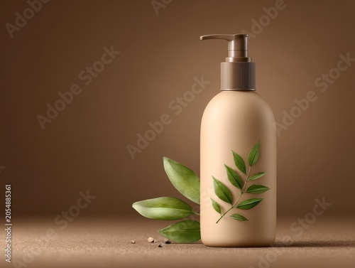 Soft focus aesthetic of a smooth matte beige pump bottle with a small branch of green leaves, conveying gentle, natural, and organic skincare or cosmetic product, set against a blurred 