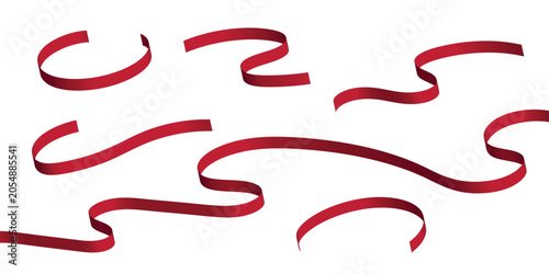 Set of various red realistic ribbons, collection of curled festive elements for decoration, 3d render.