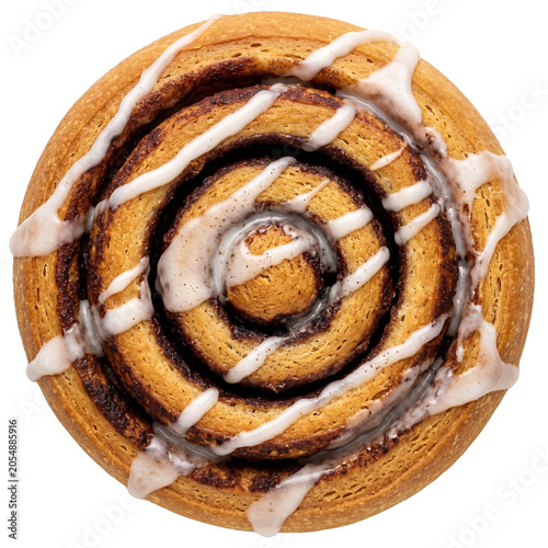 Sweet Cinnamon Roll Pastry with White Glaze Icing on Transparent Background
