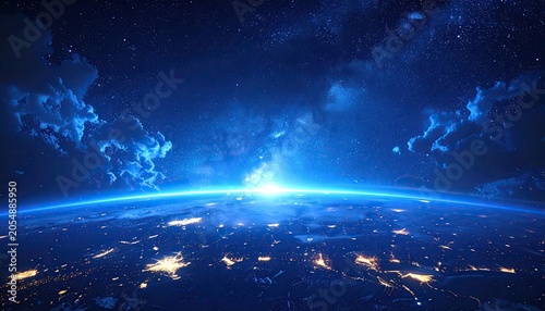 Sunrise Over Earth From Space With City Lights Below.