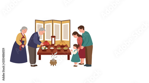 Obraz na plátně A multi-generational Korean family performing traditional ancestral rites at a ceremonial table
