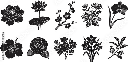 Konstfotografi Traditional oriental floral vector icon set featuring peony lotus plum blossom c