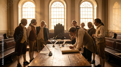 Historical figures gather in a room to discuss important matters during the 18th century. Independence day