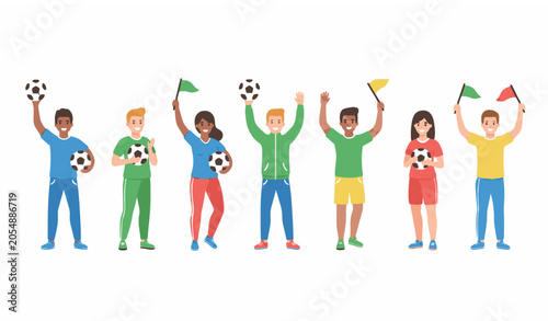Foto Sports fan group holding footballs and flags celebrating together flat vector ba