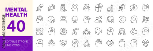 Konstfotografi Mental health icon set. Editable line icons. Vector illustration.
