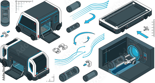 Bild auf Leinwand Isometric futuristic hyperloop cargo transit vector set with automated pod logis