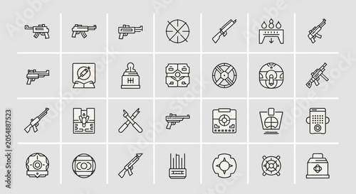 Photos Collection of futuristic video game weapon and gear line icons set