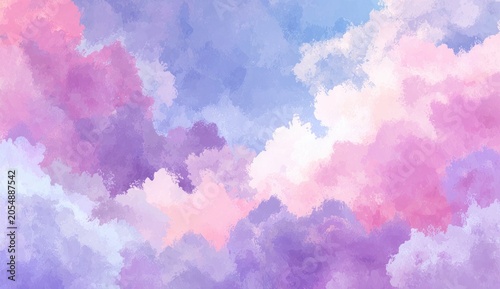 Soft, dreamy clouds painted in hues of purple, pink, and blue, creating a whimsical and ethereal sky