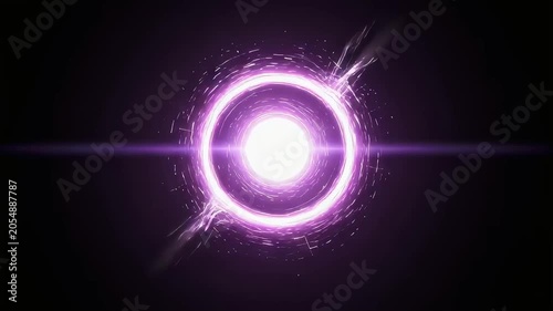 A ring of purple light and intense flashes of energy emanate from a white light source floating in the darkness.