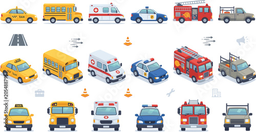 Schilderij op canvas City transport and emergency vehicles vector icon set featuring taxi school bus