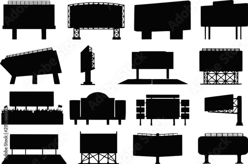 Stadium scoreboard billboard screen silhouettes vector icon set isolated
