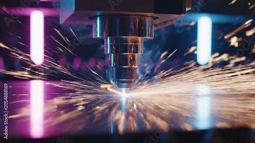 Closeup of a precise laser cutter beam creating sparks and smoke on metal, industrial manufacturing, glowing neon lights, futuristic technology