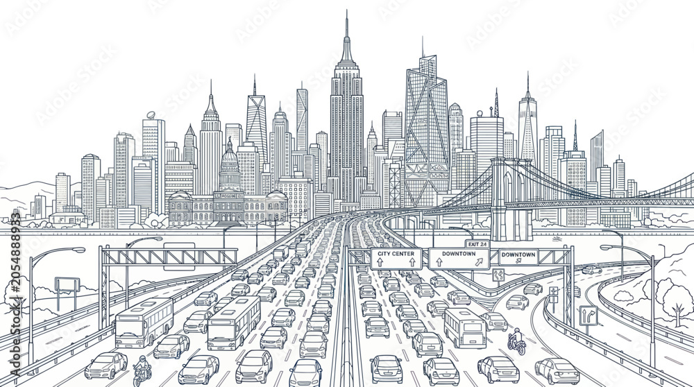 Fototapeta premium Metropolitan city skyline with busy highway traffic and bridge