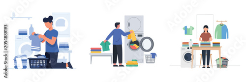 Bild auf Leinwand Flat vector illustrations of people doing laundry, washing, and folding clothes
