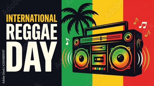 Retro boombox and palm tree with International Reggae Day text on colorful background