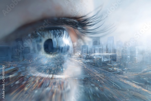 Abstract macro eye reflecting a digital city metropolis, concept for big data, AI vision, and surveillance.