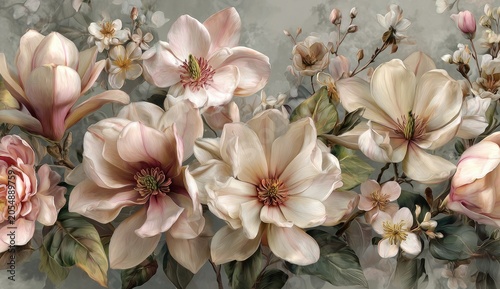 Softly colored floral composition featuring large magnolia blooms with delicate petals, small buds, and leaves, set against a muted backdrop