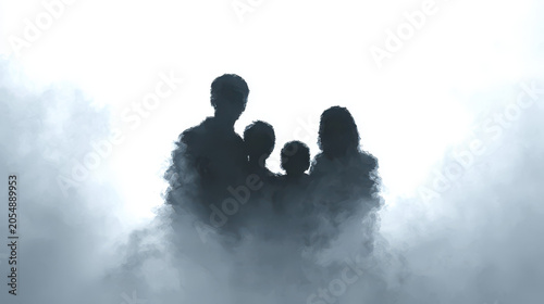 Abstract ghostly family silhouette in a bright white ethereal frame of clouds