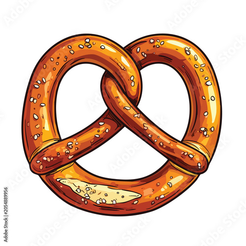 Traditional salted baked pretzel illustration on white background.